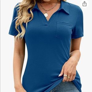 AKEWEI V-Neck Polo Shirt Short Sleeve Collared Tops Casual Tunic Blouse Medium